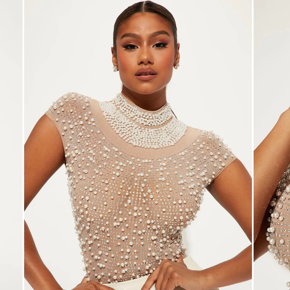 Fashion Nova Nude tan pearl rhinestone embellished bodysuit XS
